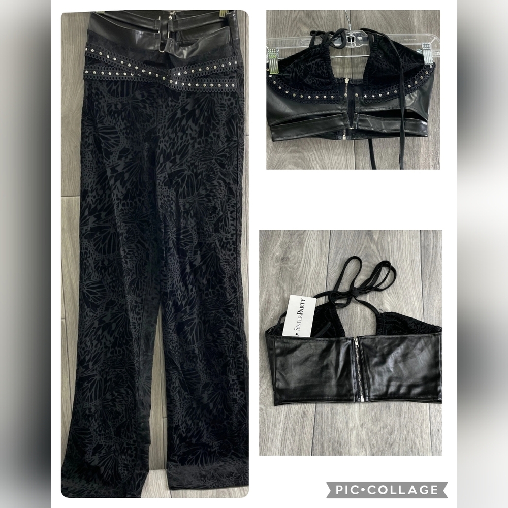 NEW Sister Party Black Velvet and Leather Women's Pants & Top Jumpsuit Set Small